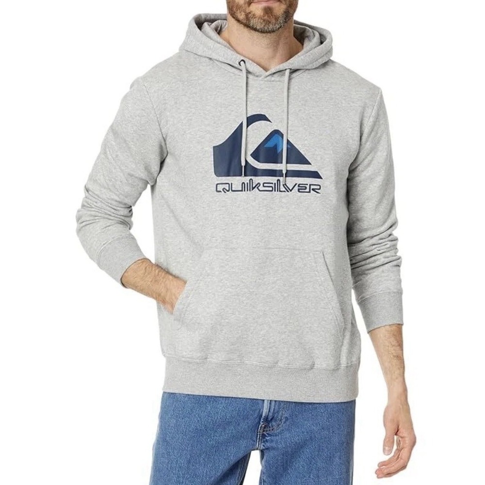 Quiksilver Men's Big Logo Kangaroo Pocket Pullover Hoodie, Grey, Size Large L